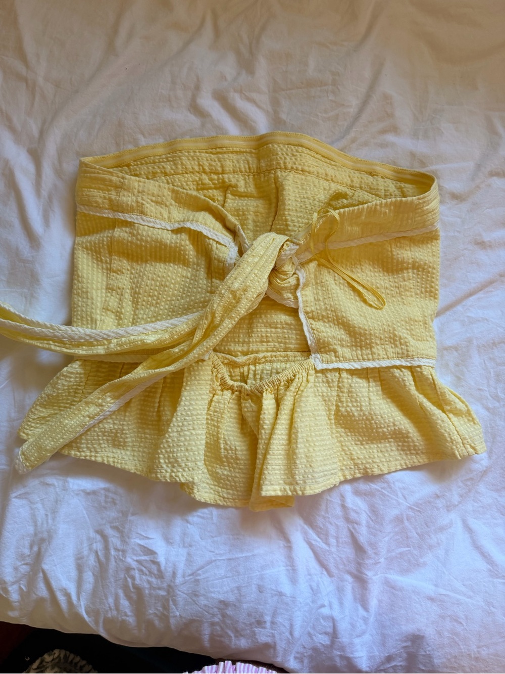 Free People Soft Yellow Strapless Seersucker Peplum Top - Picture 2 of 3